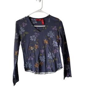Gloria Vanderbilt Y2k‎ Shirt Small Blue Floral Long Sleeve Stretch Top Casual